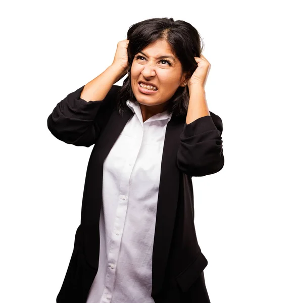 Mujer Latina Negocios Estirando Cabello — Foto de Stock