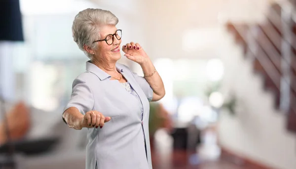 Beautiful Senior Woman Listening Music Dancing Having Fun Moving Shouting — Stock Photo, Image
