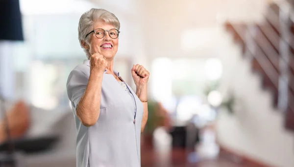 Beautiful Senior Woman Very Happy Excited Raising Arms Celebrating Victory — Stock Photo, Image