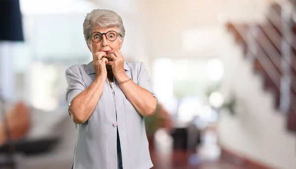 Beautiful Senior Woman Biting Nails Nervous Very Anxious Scared Future — Stock Photo, Image