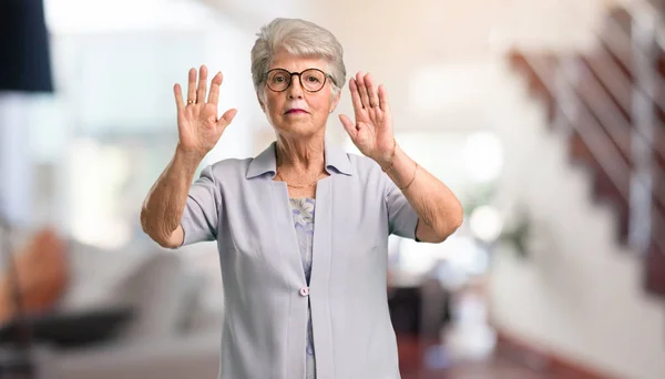 Beautiful Senior Woman Serious Determined Putting Hand Front Stop Gesture — Stock Photo, Image