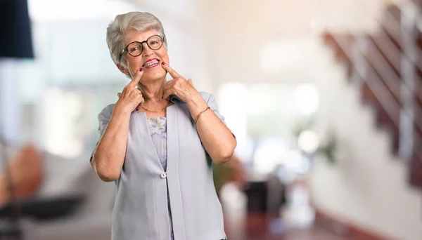 Beautiful Senior Woman Smiles Pointing Mouth Concept Perfect Teeth White — Stock Photo, Image