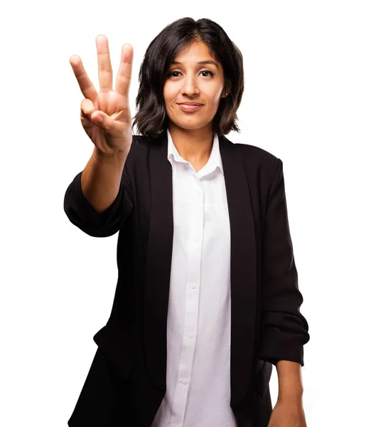 Latin Business Woman Doing Number Three Gesture — Stock Photo, Image