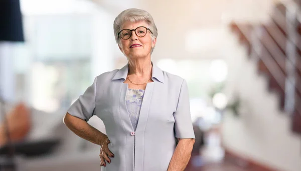 Beautiful Senior Woman Hands Hips Standing Relaxed Smiling Very Positive — Stock Photo, Image