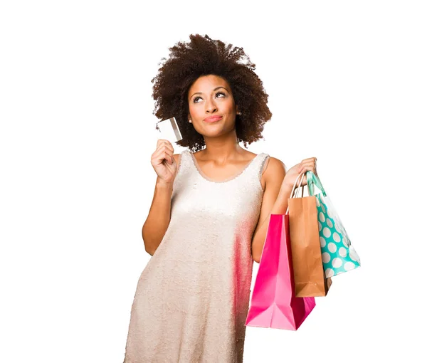 年轻的黑人妇女去购物孤立的白色背景 — 图库照片