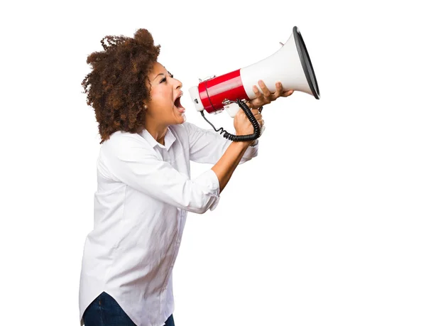 Jonge Zwarte Vrouw Schreeuwen Megafoon — Stockfoto