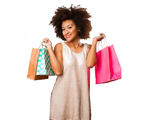 Young Black Woman Holding Shopping Bags Isolated White Background — Stock Photo, Image