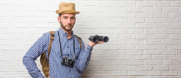 Young Traveler Man Wearing Backpack Vintage Camera Holding Something Hands — Stock Photo, Image