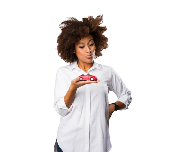 Young Black Woman Holding Red Car — Stock Photo, Image