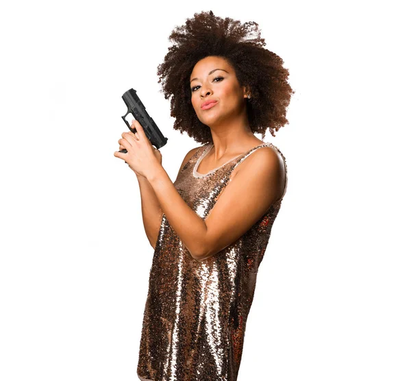Jeune Femme Noire Aide Pistolet Isolé Sur Fond Blanc — Photo