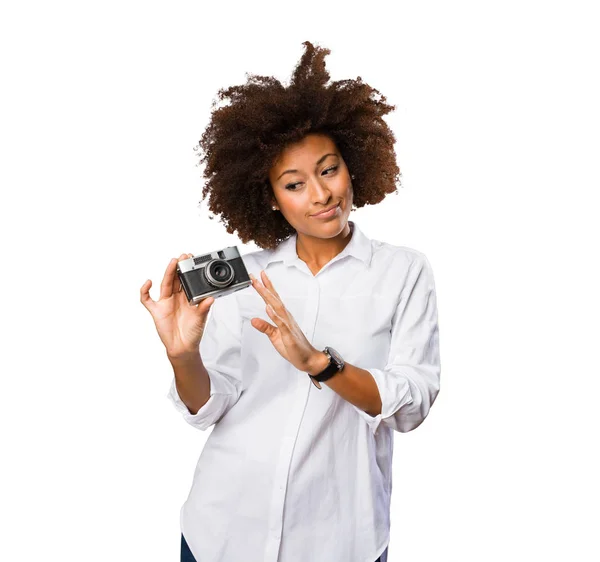 Young Black Woman Using Vintage Camera — Stock Photo, Image