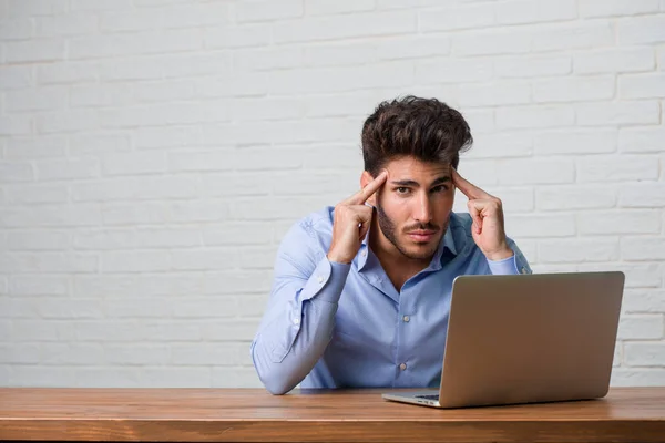 Young Business Man Sitting Working Laptop Man Making Concentration Gesture — Stock Photo, Image
