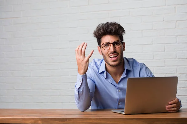 Young Business Man Sitting Working Laptop Very Scared Afraid Desperate — Stock Photo, Image