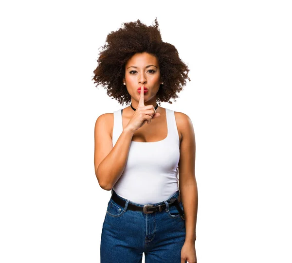 Jeune Femme Noire Faisant Silence Geste Isolé Sur Fond Blanc — Photo