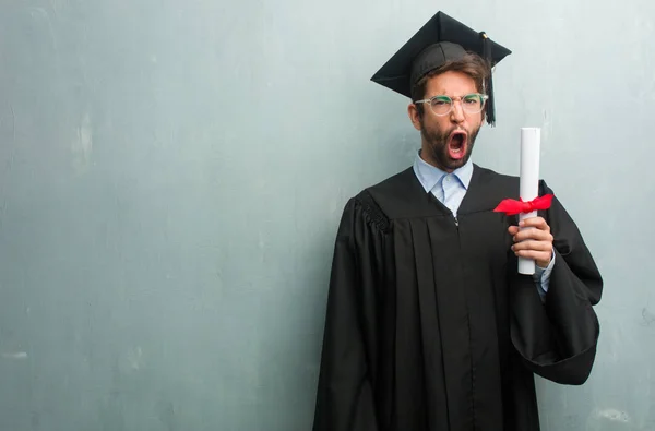 Young Graduated Man Grunge Wall Copy Space Very Angry Upset — Stock Photo, Image