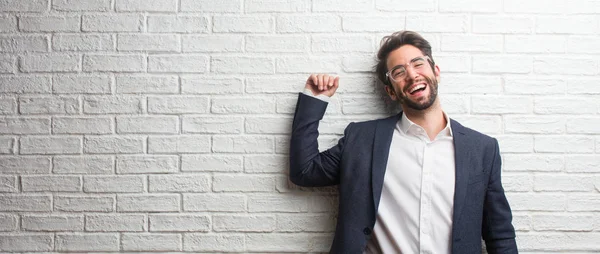 Young Friendly Business Man Very Happy Excited Raising Arms Celebrating — Stock Photo, Image