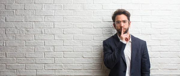 Young Friendly Business Man Keeping Secret Asking Silence Serious Face — Stock Photo, Image