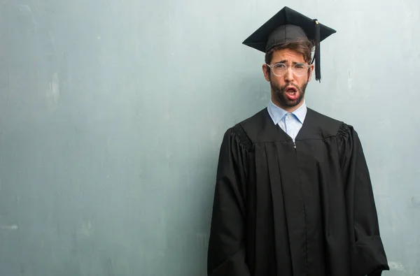 Young Graduated Man Grunge Wall Copy Space Crazy Desperate Screaming — Stock Photo, Image