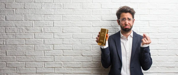 Young Business Man Wearing Suit White Bricks Wall Sad Depressed — Stock Photo, Image