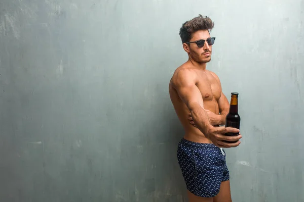 Young Athletic Man Wearing Swimsuit Grunge Wall Very Angry Upset — Stock Photo, Image