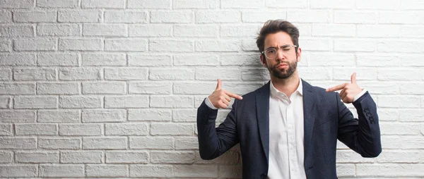 Young Friendly Business Man Proud Confident Pointing Fingers Example Follow — Stock Photo, Image