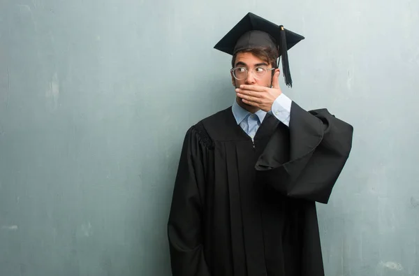 Young Graduated Man Grunge Wall Copy Space Covering Mouth Symbol — Stock Photo, Image
