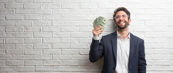 Young Business Man Wearing Suit White Bricks Wall Laughing Having — Stock Photo, Image