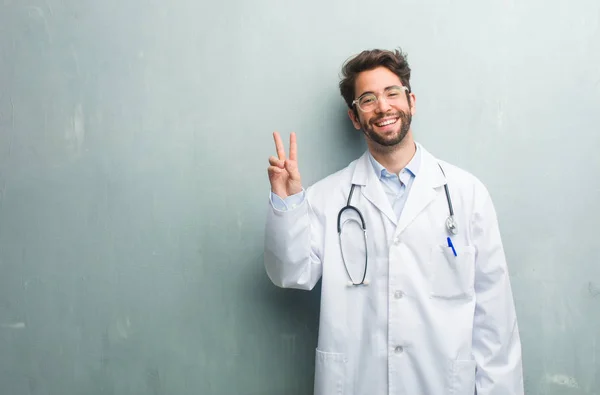 Young Friendly Doctor Man Grunge Wall Copy Space Fun Happy — Stock Photo, Image