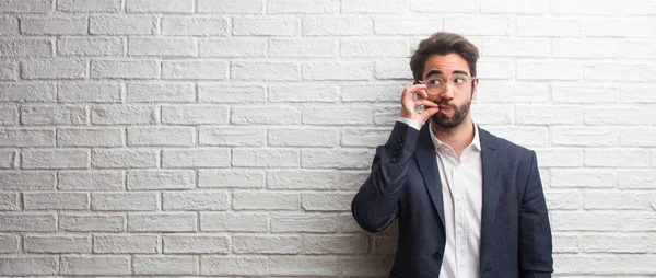 Young Friendly Business Man Keeping Secret Asking Silence Serious Face — Stock Photo, Image