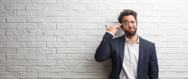 Young Friendly Business Man Making Suicide Gesture Feeling Sad Scared — Stock Photo, Image