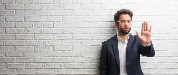 Young Friendly Business Man Serious Determined Putting Hand Front Stop — Stock Photo, Image