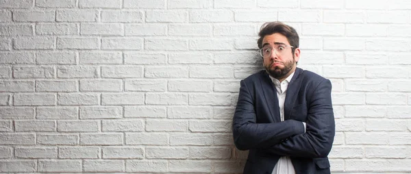 Young Friendly Business Man Doubting Shrugging Shoulders Concept Indecision Insecurity — Stock Photo, Image