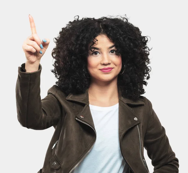 Young Woman Showing Finger Upwards — Stock Photo, Image