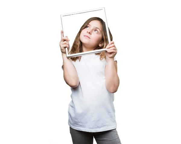 Menina Segurando Uma Moldura — Fotografia de Stock