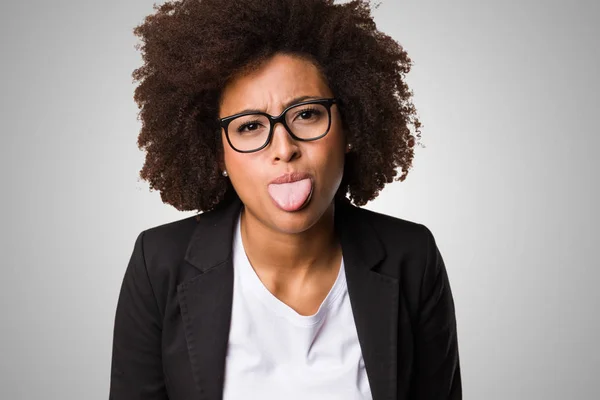 Black Business Woman Showing Tongue Gray Background — Stock Photo, Image