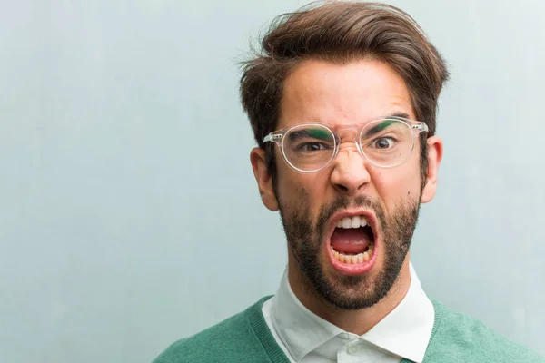 Young Handsome Entrepreneur Man Face Closeup Very Angry Upset Very — Stock Photo, Image