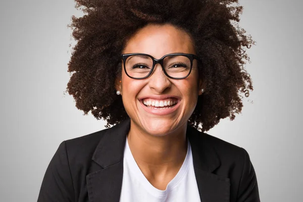 Black Business Woman Feeling Happy Gray Background — Stock Photo, Image
