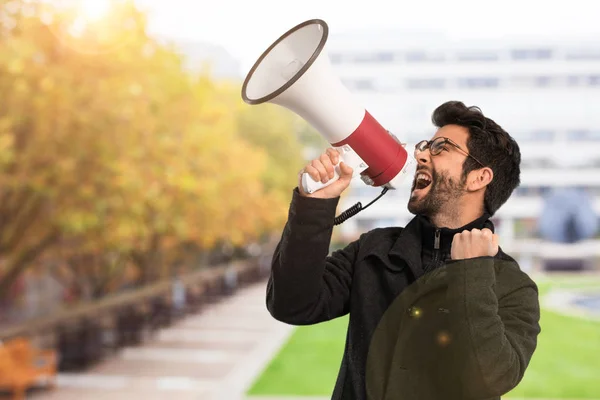 Young Man Holding Megaphone — Stock Photo, Image