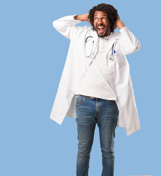 Handsome African American Medical Doctor Crazy Desperate Screaming Out Control — Stock Photo, Image