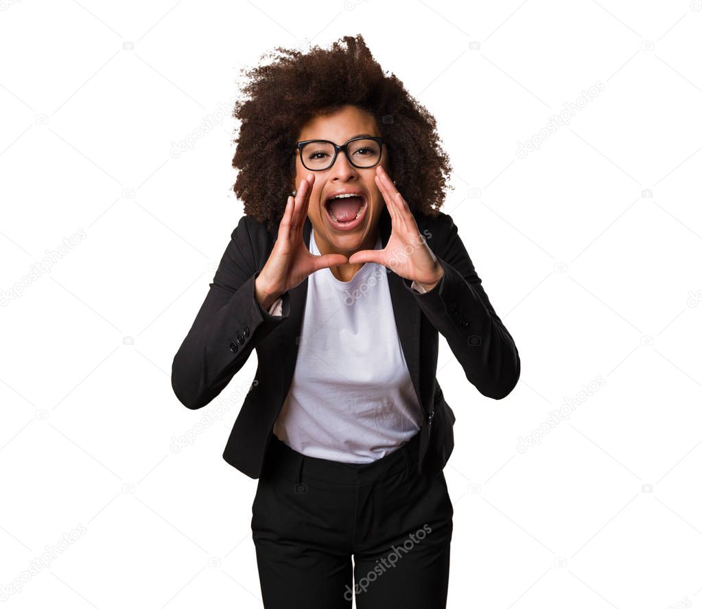 business black woman shouting isolated on white background
