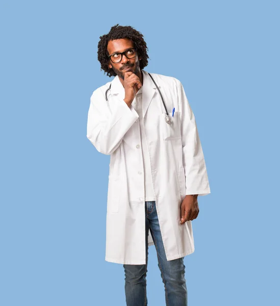 Handsome African American Medical Doctor Doubting Confused Thinking Idea Worried — Stock Photo, Image