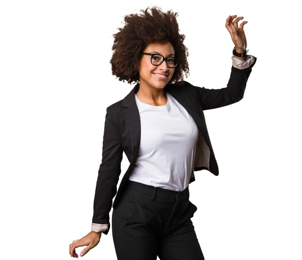 Zakelijke Zwarte Vrouw Dansen Geïsoleerd Witte Achtergrond — Stockfoto