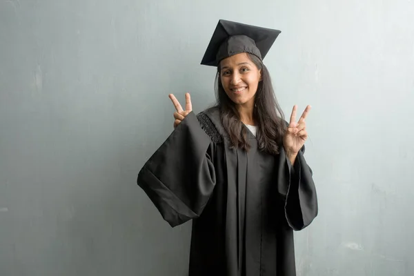 Young Graduated Indian Woman Wall Fun Happy Positive Natural Doing — Stock Photo, Image