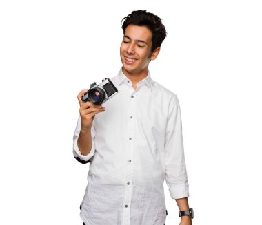 Genç bir vintage fotoğraf makinesi ile fotoğraf çekmek