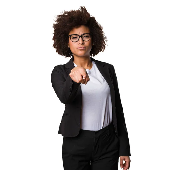 Zakelijke Zwarte Vrouw Aanwijsapparaat Voorzijde — Stockfoto