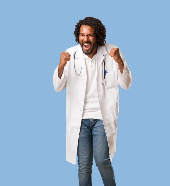 Handsome African American Medical Doctor Very Happy Excited Raising Arms — Stock Photo, Image
