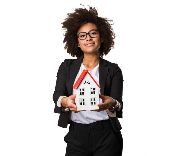 Business Black Woman Holding Small House — Stock Photo, Image