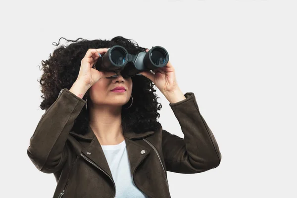 Young Woman Holding Binoculars — Stock Photo, Image