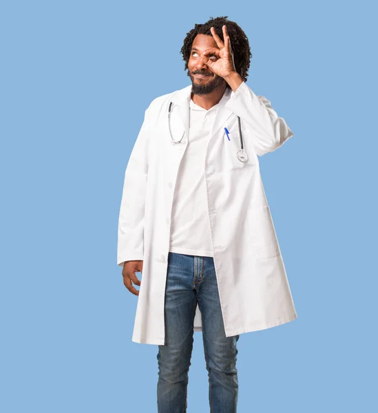 Handsome African American Medical Doctor Cheerful Confident Doing Gesture Excited — Stock Photo, Image