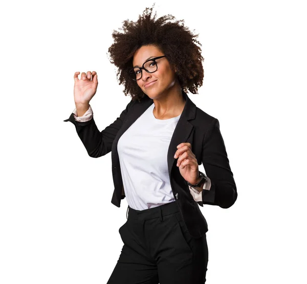 Zakelijke Zwarte Vrouw Dansen Geïsoleerd Witte Achtergrond — Stockfoto